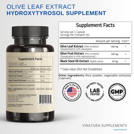 VINATURA Hydroxytyrosol Supplement, Olive Leaf Extract - 40% Hydroxytyrosol Olive Fruit Extract, 50% Oleuropein Olive Leaf Extract Capsules - 60 Capsules