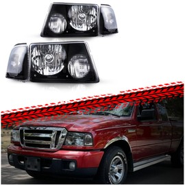PHILTOP Headlights Assembly for 2001 2002 2003 2004 2005 2006 2007 2008 2009 2010 2011 Ford Ranger Replacement Headlamp Black Housing Clear Reflector Clear Lens