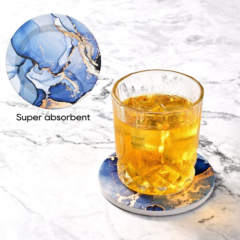 CoColemon Navy Blue Absorbent Coasters Set of 6, Marble Abstract