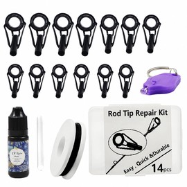 Fishing Rod Tip Repair Kit with UV Light & Glue | Complete Pole Tip Replacement Supplies for Broken Rods | 3 Sizes Top Eyelets, Wrapping Thread | Fishing Rod Repair Kit & Pole Repair Kit (6+8+10#)