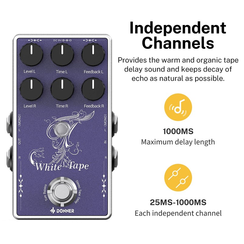 Donner White Tape Stereo Delay Pedal, Analog Delay with Echo