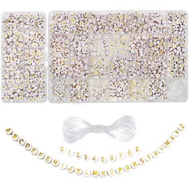TOAOB 1940 Pieces 4 x 7 mm White Round Letter Beads Gold Word A to Z with Love Heart and Number 0 to 9 Acrylic Spacer Beads for Jewellery Making