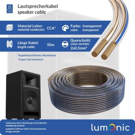 Lumonic Speaker Cable | 50 m Transparent | 2 x 0.5 mm² CCA | Blue Marking HiFi Speaker Cable | Audio Twin Cable