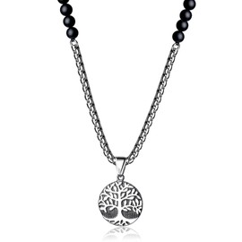 COAI Men's Matte Onyx Pearl Necklace with Tree of Life Pendant, Stone, Onyx