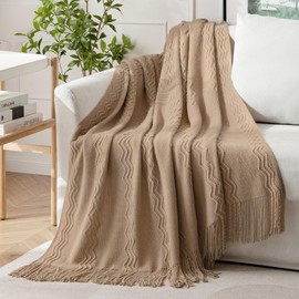 MIULEE Tan Taupe Knitted Throw Blanket for Couch Textured Knit Blanket with Tassels Cozy Woven Boho Bed Blanket for Sofa Bed Chair Acrylic Wave Pattern 50"x60"