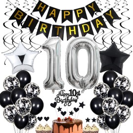 Cnrose 10. Geburtstag Dekoration,Schwarz Tortendeko Geburtstag 10 Jahre Junge,Black and White Party Deko,10 Geburtstag Mädchen Junge,Tortendeko 10. Geburtstag Junge Mädchen,Geburtstagsdeko 10 Jahre Mädchen
