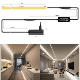 TTWAY COB LED Strip 2 m, 4000 K Natural White LED Strip with Power Supply and Remote Control, DC24 V, 480LEDs/M, CRI 90+, 8 mm Width, Dimmable LED Strips for Room Decoration