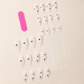 Valentines Day Press on Nails Mediun Almond Glue on Nails White Full Cover Nails Press ons Red Heart Acrylic Nails Glossy Simple Stick on Nails for Women 24 Pcs