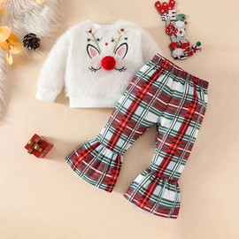 MAHUAOYIXI Toddler Baby Girls Christmas Outfits Deer Embroidery Long Sleeve Fuzzy Sweatshirt Top with Flare Pants 2Pcs Set Baby Christmas Clothes for Girls (White, 6-12 Months)