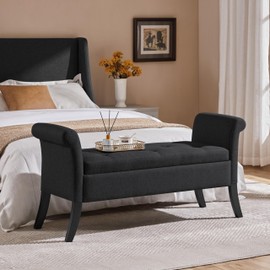 Yaheetech Fabric Modern Tufted Large Storage Bench with Rolled Arms Cushioned Storage Bench Entryway Bench Functional Storage Bench Footstool Foot Rest for Living Room Bedroom Window Side Black