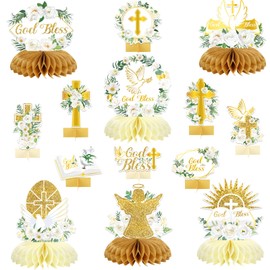 party greeting 14PCS White Gold Floral Honeycomb Centerpieces God Baptism Honeycomb Centerpieces God Bless Table Decoration First Communion 3D Table Toppers for Baby Boy Girl Party Decor