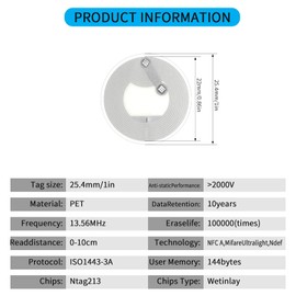 60pcs Ntag213 NFC Tags, 25mm Round NFC Sticker Tags Adhesive, 144 Bytes Memory, Use for Smart Home Automation, Social Sharing, Product Launch, Inventory Tracking (White, 60pcs)