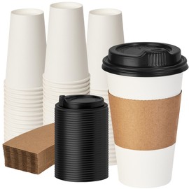 VPACKDUO 16 oz 50 Pack Coffee Cups with Lids and Sleeves, Hot Paper Coffee Cups with Lids, Disposable To Go Cup with Lid for Coffee, Tea, Hot Chocolate, Ideal for Cafes, Offices and Travel