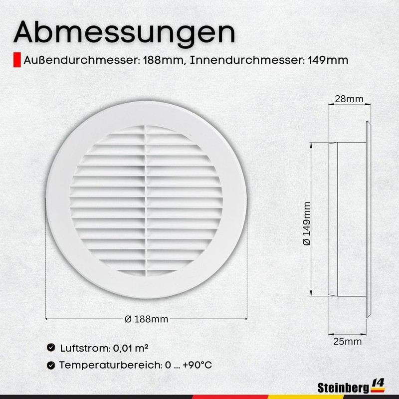 Steinberg14 White Ventilation Grille 150 mm - Plastic Exhaust Grille