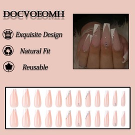 DOCVOEOMH French Tip Press on Nails Long Coffin Rhinestone White Fake Nails Pink Acrylic False Nails Shiny Glue on Nails for Women and Girls 24PCS