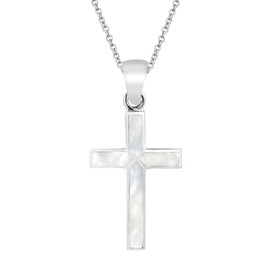 AeraVida Iridescent Cross of Faith Stone and White Shell .925 Sterling Silver Necklace, 18 inch