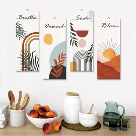 decalmile 4 Pieces Relax Soak Unwind Breathe Wooden Wall Art Boho Rainbow Leaves Wall Hangings Vintage Boho Wooden Plaque Living Room Bedroom Bathroom Wall Decor