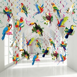 30 Pieces Tropical Birds Decorations, Tropical Hawaiian Toucan Parrot Party Hanging Spiral Foil Blankets Decoration for Summer Luau Hawaiian Beach Pool Tiki Party Birthday Delivery