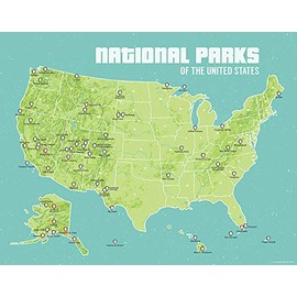Best Maps Ever US National Parks Checklist Map 11x14 Print (Green & Turquoise)