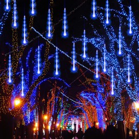 FUNPENY Meteor Shower Rain Lights, 288 LED Christmas Lights Icicle Snow Falling Halloween Light Outdoor Raindrop Light, 30cm 8 Tubes Xmas Tree Holiday Christmas Halloween Decoration, Blue