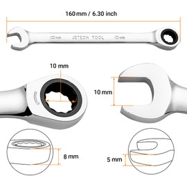 Jetech 10mm Ratcheting Combination Wrench, Industrial Grade Gear Spanner with 12-Point 72-Tooth Ratchet, Forged and Heat-Treated Cr-V Steel, Metric