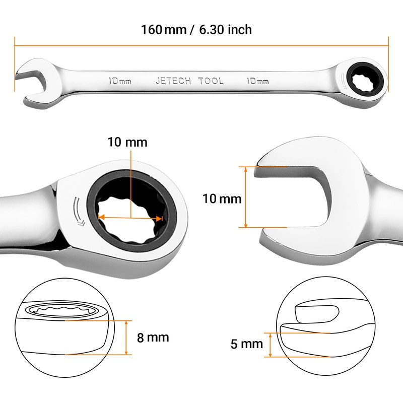 Jetech 10mm Ratcheting Combination Wrench, Industrial Grade Gear Spanner with