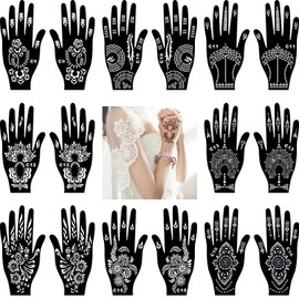 16Sheets Henna Tattoo Stencils Kit for Hand, Reusable Indian Arabian Temporary Tattoo Template Mehndi Stencil