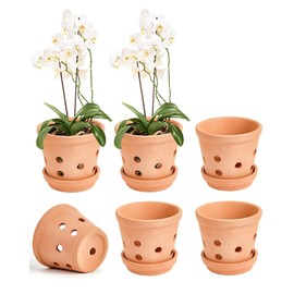 vensovo 4 Inch Terracotta Orchid Pots with Holes and Saucers - 6 Pcs Small Clay Orchid Planter Pots for Repotting, Plant Flower Pots for Orchid Indoor and Outdoor Promotes Air Circulation