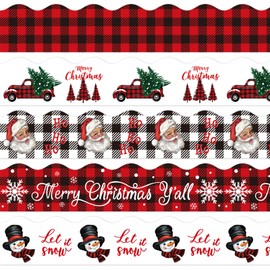 Whaline 69Ft Christmas Bulletin Board Borders Buffalo Plaid Xmas Tree Truck Santa Snowman Decoration Borders Winter Trim Border Bulletin Board Stickers for School Classroom Office Party Decoration