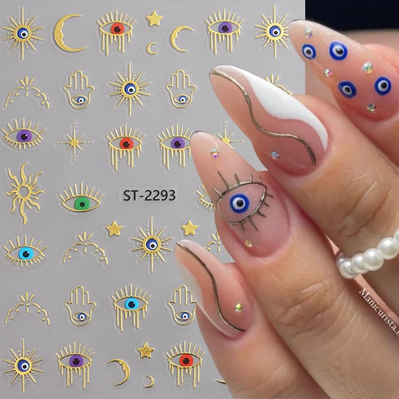 3 Sheets Evil Eye Gold Nail Stickers for Nail Art,