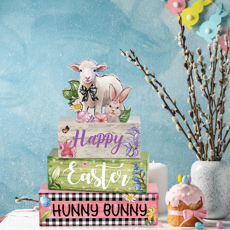 4 Pcs Easter Table Decorations Bunny Tiered Tray Decor Wooden