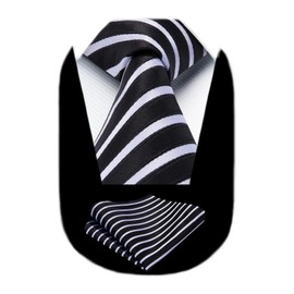 HISDERN Mens Tie Black White Stripe Ties with Pocket Square Set Business Formal Solid Black Striped Classic Silk 3.4'' Necktie Handkerchief for Wedding