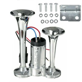 150DB Air Train Horn kit, 12V Super Loud Car Air Horn Kit win Tone Chrome Plated Zinc Dual Trumpet with Compressor for Any 12V Trucks Lorrys Trains Vans Boats