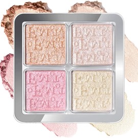 Highlighter Makeup, 4 Color Shimmer Highlighters Blush Bronzer Palette, Shimmer Pink White Gold Long Lasting Face Highlighter Powder Palette Makeup Gift for Women