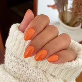 SXVME Uñas Postizas Cortas, Ovaladas Y Redondas, Color Naranja, Con Pegamento, Uñas Postizas Cortas, Uñas Acrílicas De Gel Hechas A Mano, Uñas Gruesas