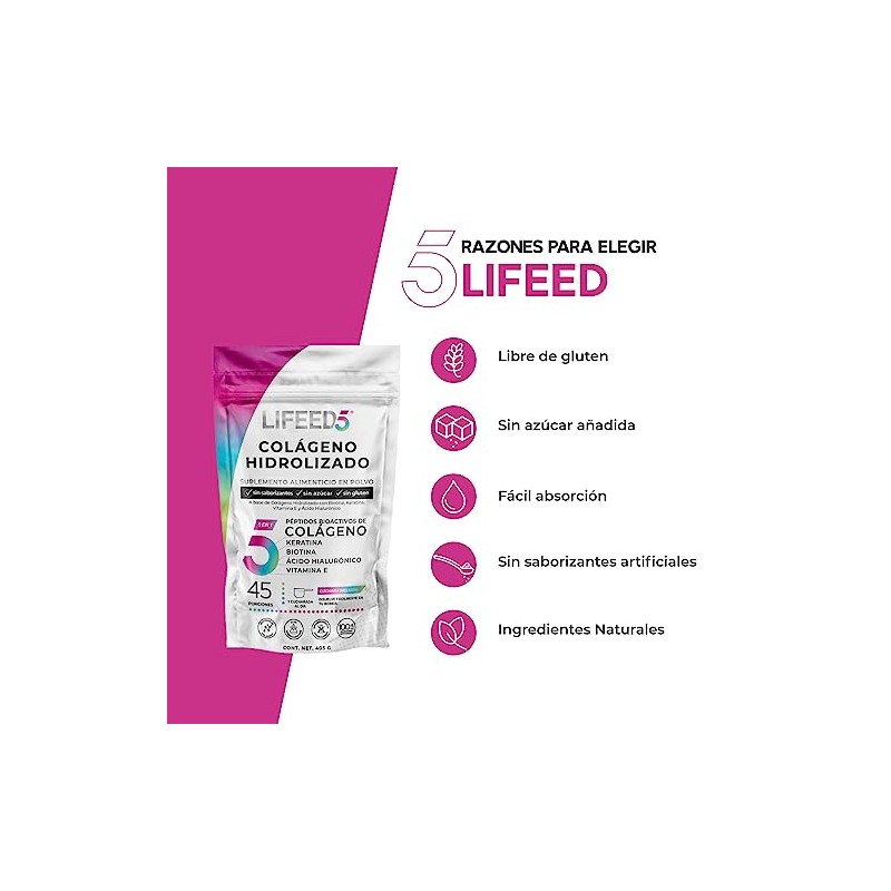 LIFEED5 Colágeno Hidrolizado en Polvo con Ácido Hialurónico, Biotina 405g