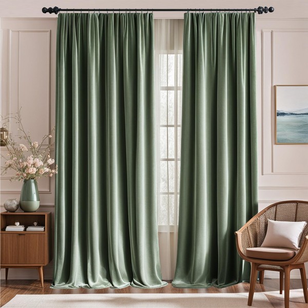 Lazzzy Velvet Blackout Curtains Green Thermal Insulated Drapes for Bedroom Living Room Darkening 108 Inches Extra Long Window Treatments Super Soft Luxury Rod Pocket 2 Panels Sage Green