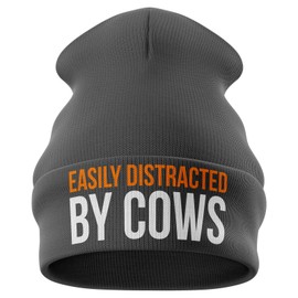 Purple Print House Farming Gifts - Easily Distracted by Cows Funny Beanie Hat - Tractor Gifts Farmers Gifts (Black)