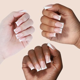 LY LANYOS Press On Nails Duck, Medium Fake Nails, Duck Shaped Glue on Nails, Reusable Supremely Fit Glossy Stick on nails with Nail Glue in 16 Sizes, 32 Pcs, White French