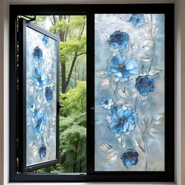 Static Cling Frosted Window Film, Blue Floral Stained Glass Design, No Glue, 17.5 x 39.4 Inch for Bathroom, Kitchen, Living Room