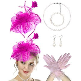 5 Pack Fuchsia Fascinators Hat for Women Tea Party Veil Mesh Headband Feather Derby Hat Lace Gloves Pearl Jewelry Set for 1920s Party