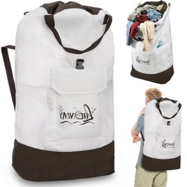 ELFULLY Backpack Laundry Bag, 125L Extra Large College Laundry Backpack with Shoulder Straps, Heavy Duty Dirty Clothes Hamper Bag, Drawstring Travel Laundry Bag for Dorm Apartment Laundromats, White