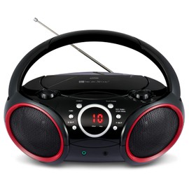 SINGING WOOD 030C Portable CD Player Boombox with AM FM Stereo Radio, Aux Line in, Headphone Jack, Supported AC or Battery Powered (Black with a Touch of Red Rims)