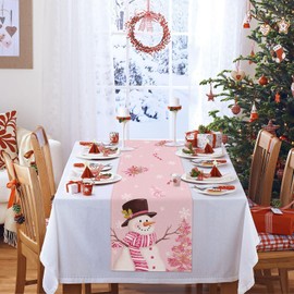Bonhause Pink Santa Claus Christmas Table Runner 13x90 Inch Xmas Tree Candy Cane Seasonal Winter Holiday Kitchen Dining Table Decoration for Indoor Outdoor Home Party Decor