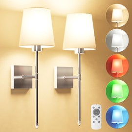 JOFIOS Battery Operated Wall Sconce Set of 2, Rechargeable Wall Lights with 5200 mAh Detachable Bulbs and Fabric Shade, 7 Color Dimmable Sconce Wall Decor for Bedroom, Living Room, Entryway (Silver)