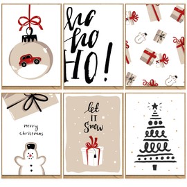 KOKO&LORA® Christmas Cards with Kraft Paper Envelopes (Set of 6) - Premium Greeting Card Set with Natural Envelope - 6 Modern Christmas Cards (Beige/Red)