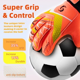 Sportout Kids Goalkeeper Gloves, Soccer Gloves with Double Wrist Protection and Non-Slip Wear Resistant Latex Material to Prevent Injuries (Red, Size 4 Suitable for 4 to 5 Years Old)