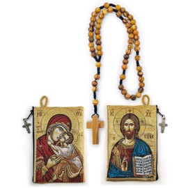 Rosary Pouch with Olive Wood Catholic Rope Rosary from Israel, Virgin Mary Sweet Kiss & Jesus King of The Universe, Woven Fabric Tapestry Style Icon Travel Bag, Religious Catholic Gift Set