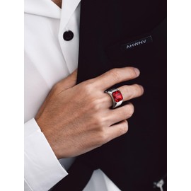 Bandmax Ruby Ring for Men Stainless Steel Red Gemstone Ring Princess Cut Cubic Zirconia Ring Mens Pinky Ring Cocktail Chunky Ring Signet Band Ring Size 10