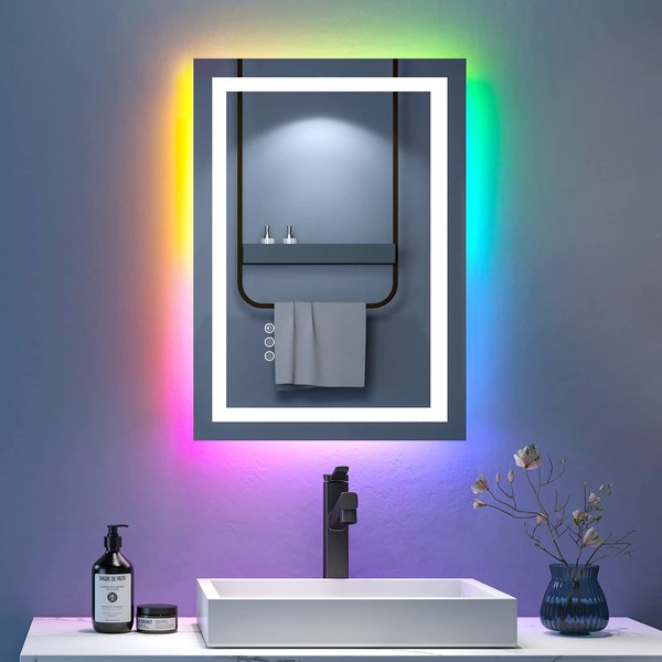 HANLIAN 28x20 Inch Wall Led Mirror for Bathroom, RGB Backlit Mirror Bathroom, Anti-Fog Rectangle Bathroom Vanity Mirror with Lights, Dimmable Touch Control Light Mirror with Memory Function